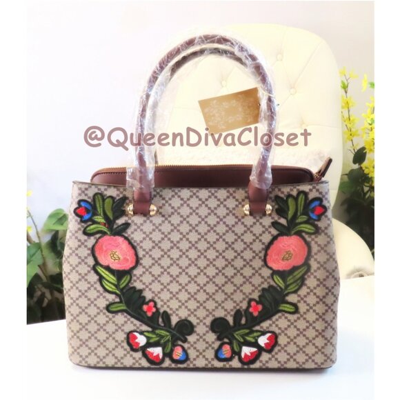 Designer Style Brown Tan Floral Geometric Diamond Monogram Handbag Purse Satchel - Picture 3 of 9